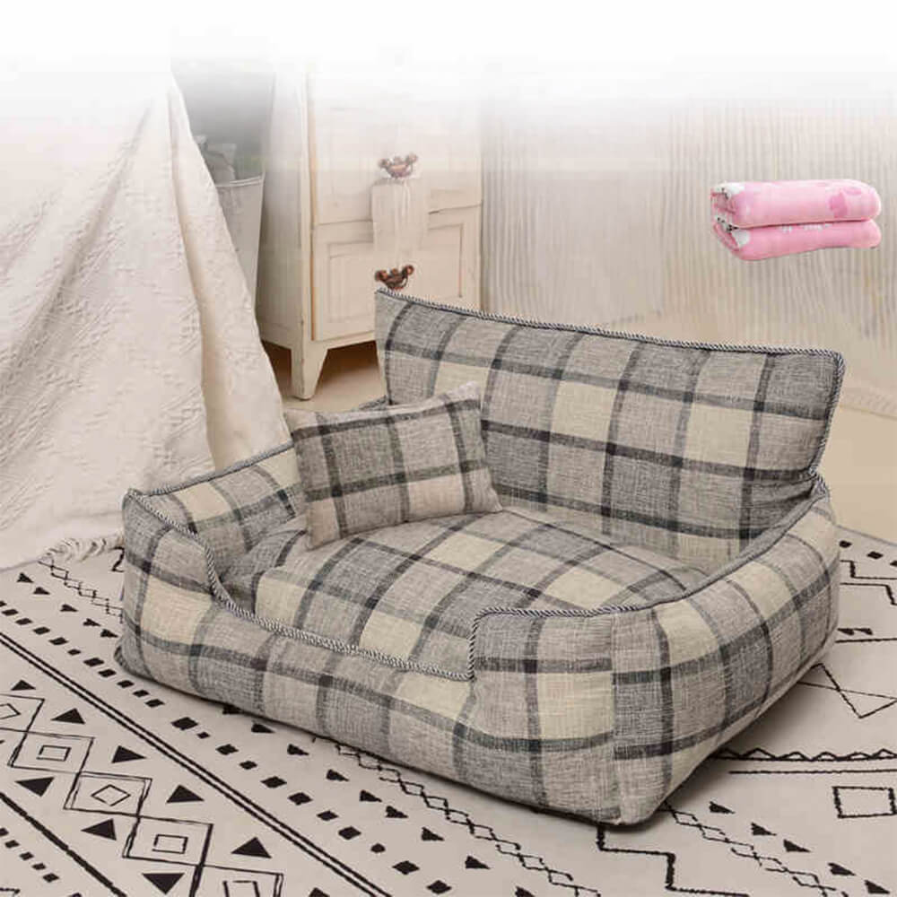 Letto per cani e gatti in plaid vintage caldo, rimovibile e lavabile, con cuscino e coperta coordinati.