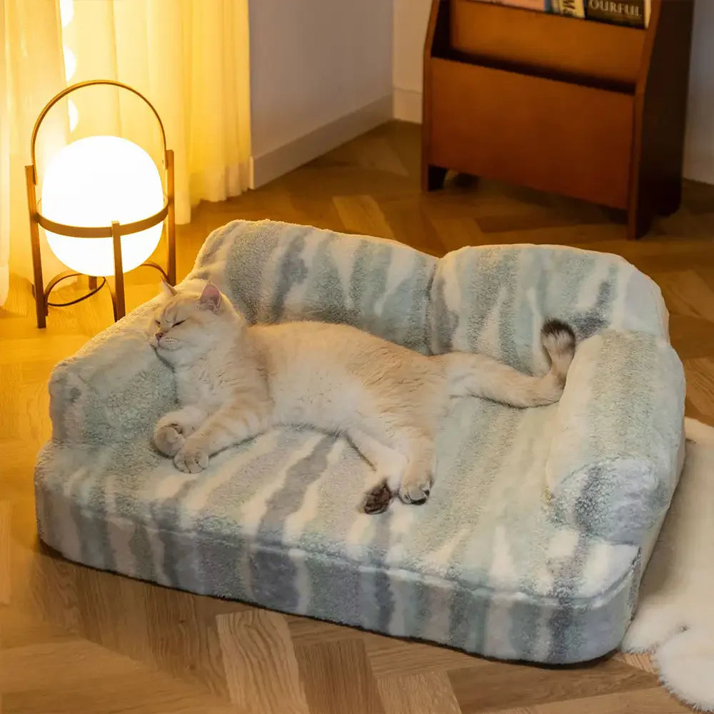 Letto per cani in pelliccia sintetica effetto lupo, morbido e con protezione per la schiena, tessuto tie-dye