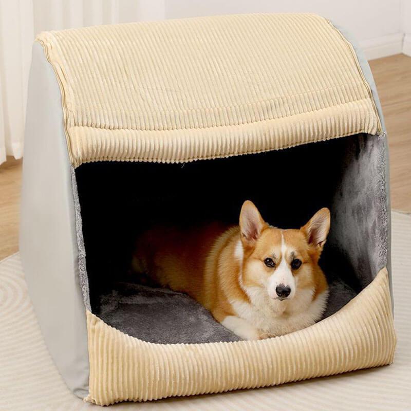 Letto per cani grande in flanella caldo, rimovibile e semi-chiuso.