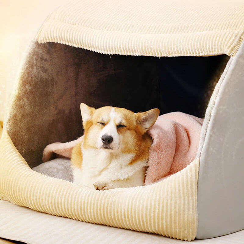 Letto per cani grande in flanella caldo, rimovibile e semi-chiuso.