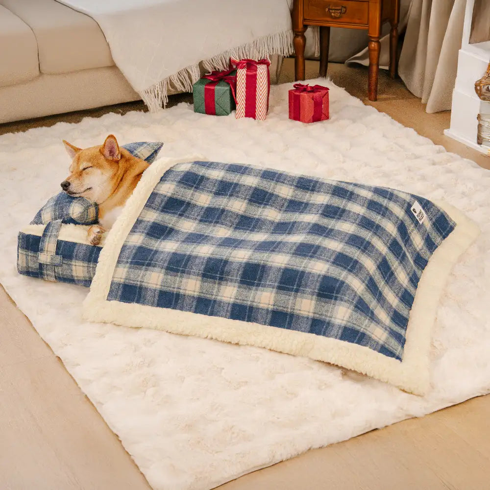 Letto ortopedico per cani staccabile in peluche a quadri vintage con cuscino - Puppy Snug