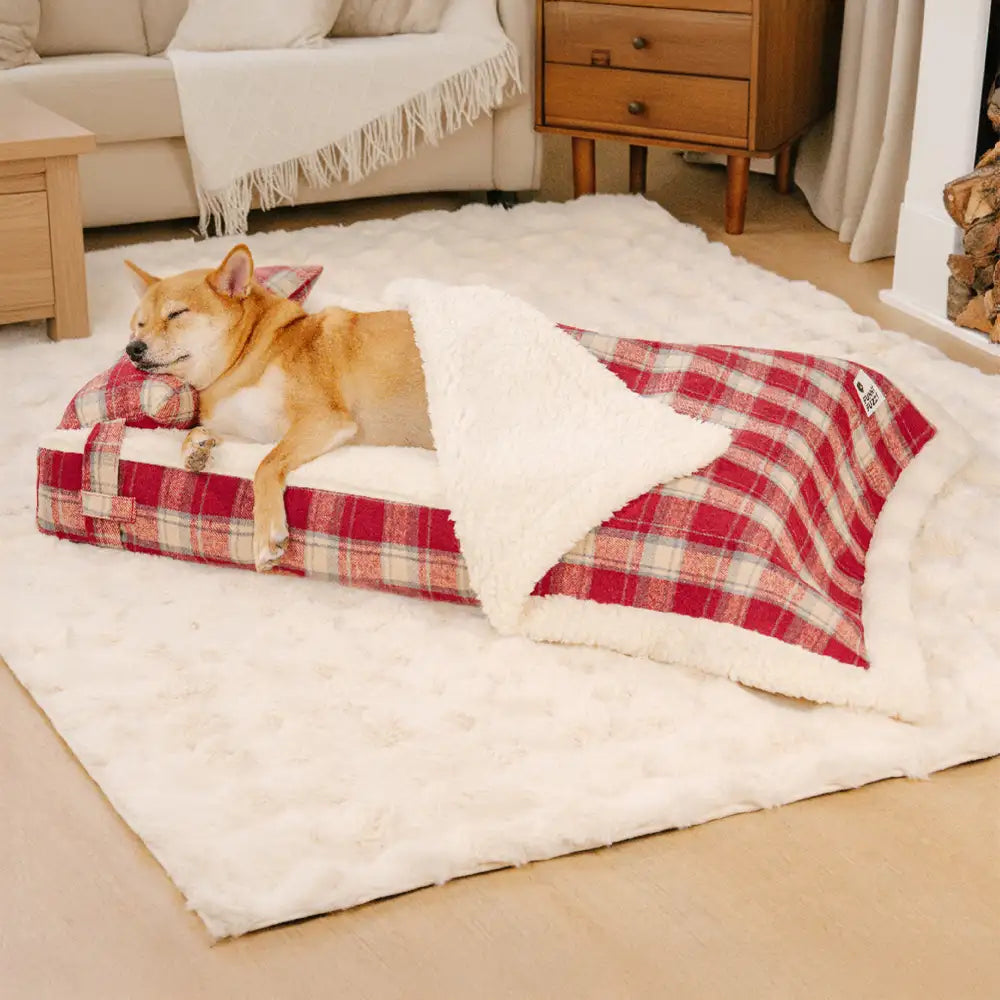 Letto ortopedico per cani staccabile in peluche a quadri vintage con cuscino - Puppy Snug