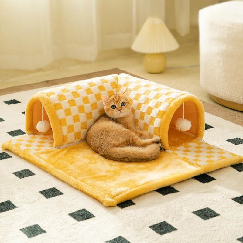 Tunnel per gatti a tunnel 2 in 1 in peluche divertente a quadri.