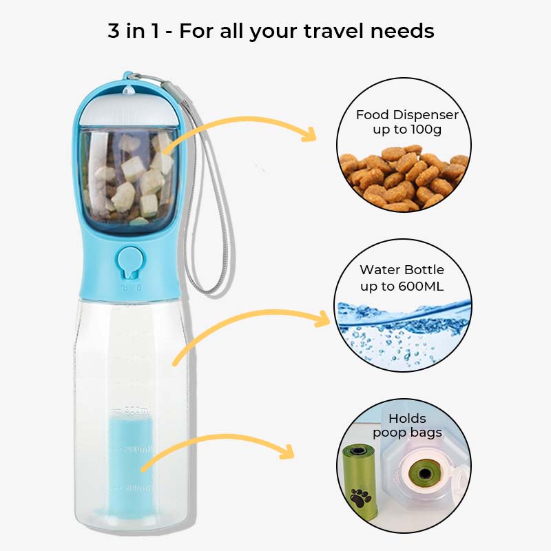 Bottiglia d'acqua portatile multifunzionale 3 in 1 per passeggiate con cane