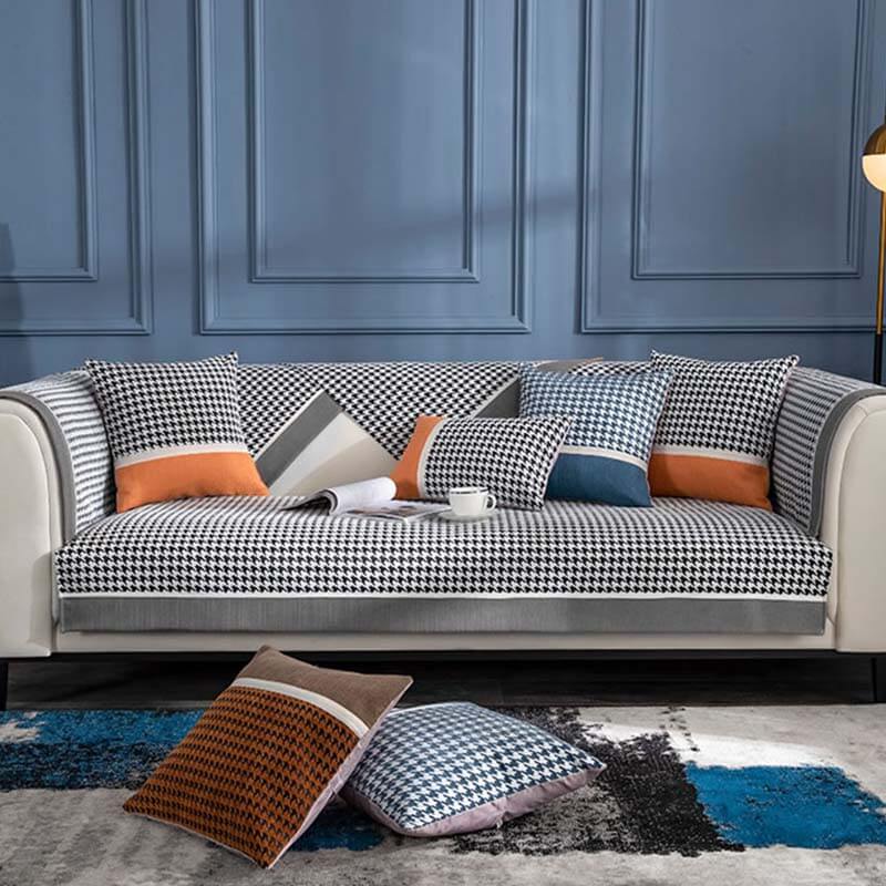 Copridivano in chenille antiscivolo con motivo houndstooth classico