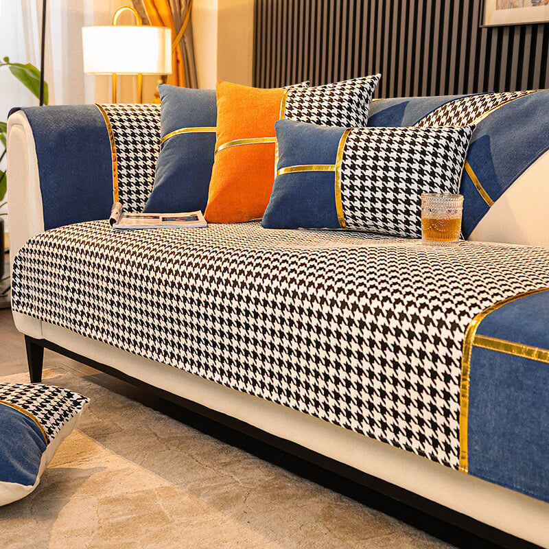 Copridivano in chenille antiscivolo con motivo houndstooth classico