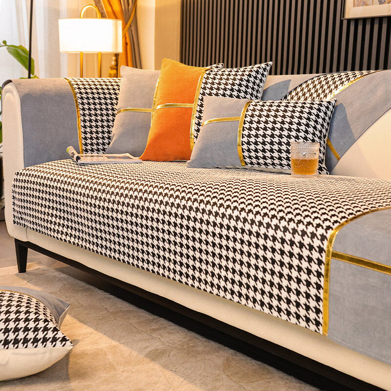 Copridivano in chenille antiscivolo con motivo houndstooth classico