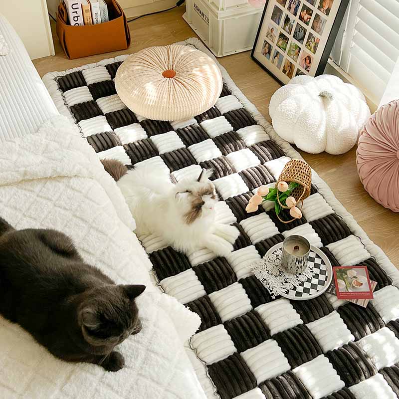 Coperta per cani in cotone peloso a forma quadrata a grandi quadri color crema