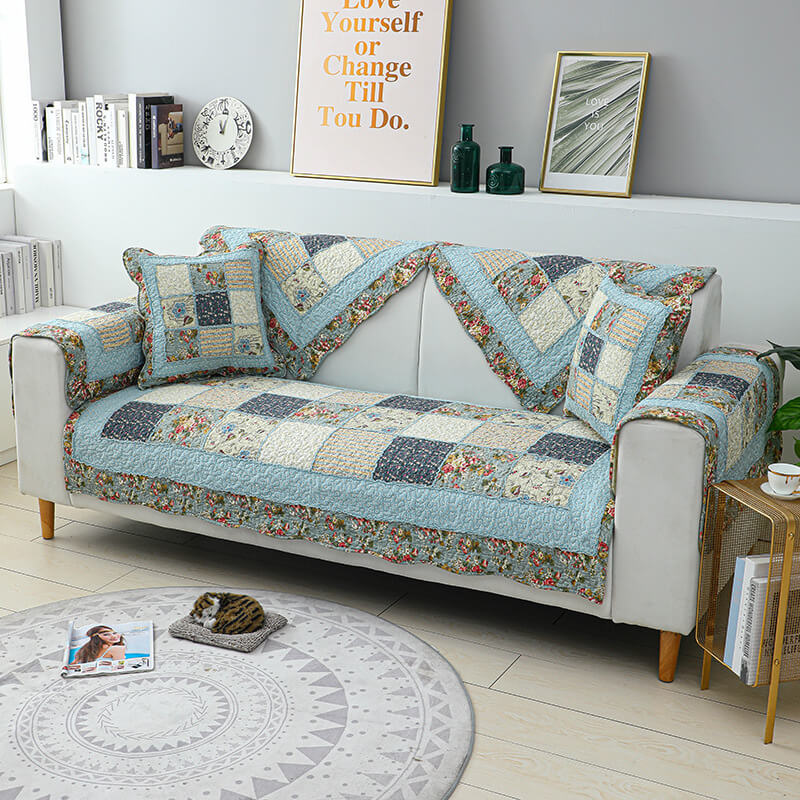 Copertura per divano in cotone a quadri floreale vintage