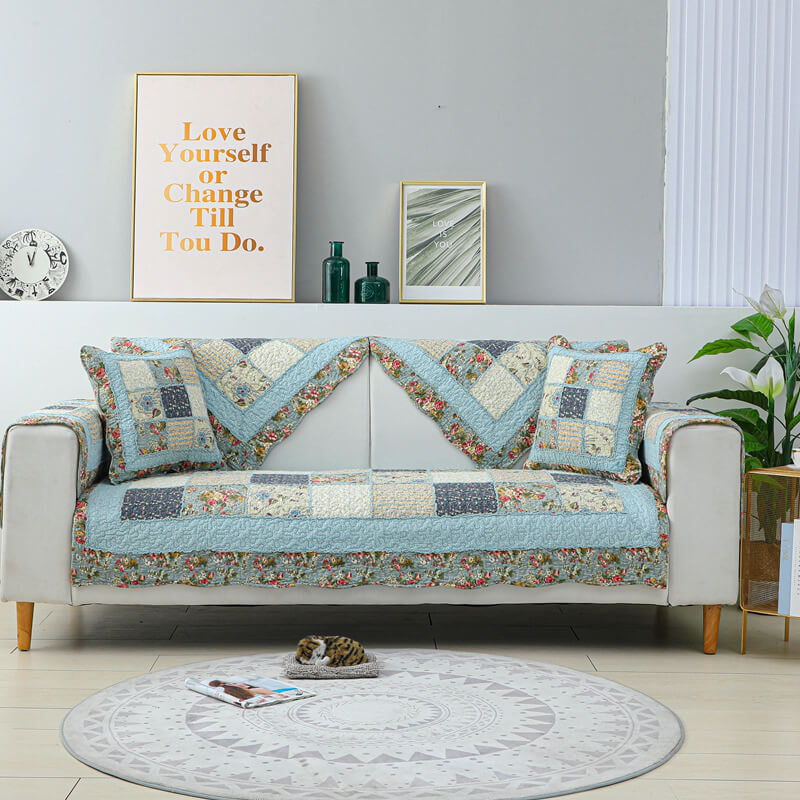 Copertura per divano in cotone a quadri floreale vintage