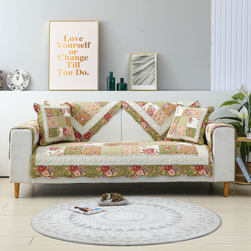 Copertura per divano in cotone a quadri floreale vintage