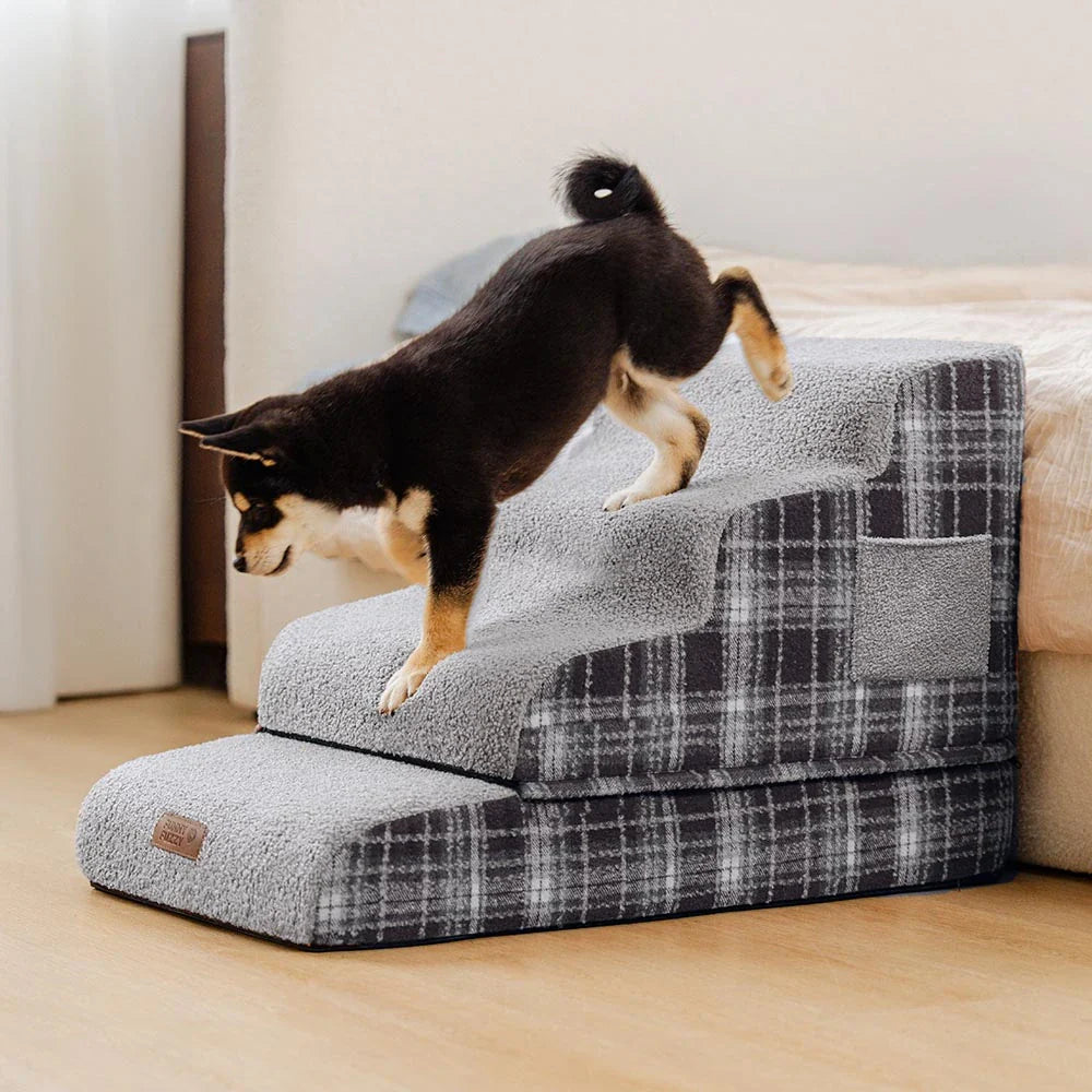 Rampa per animali domestici con scala in spugna ad alta densità, rimovibile e in plaid di peluche - ComfyClimb