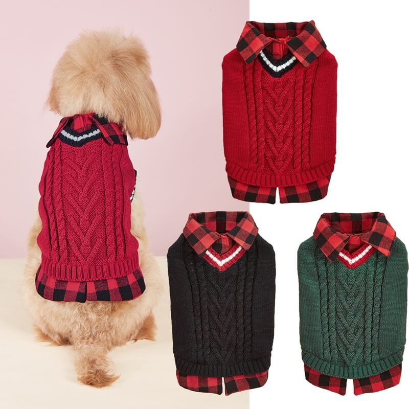 Perfetto per l'autunno e l'inverno, giubbotto con collo a quadri e lavorazione a maglia per cani.
