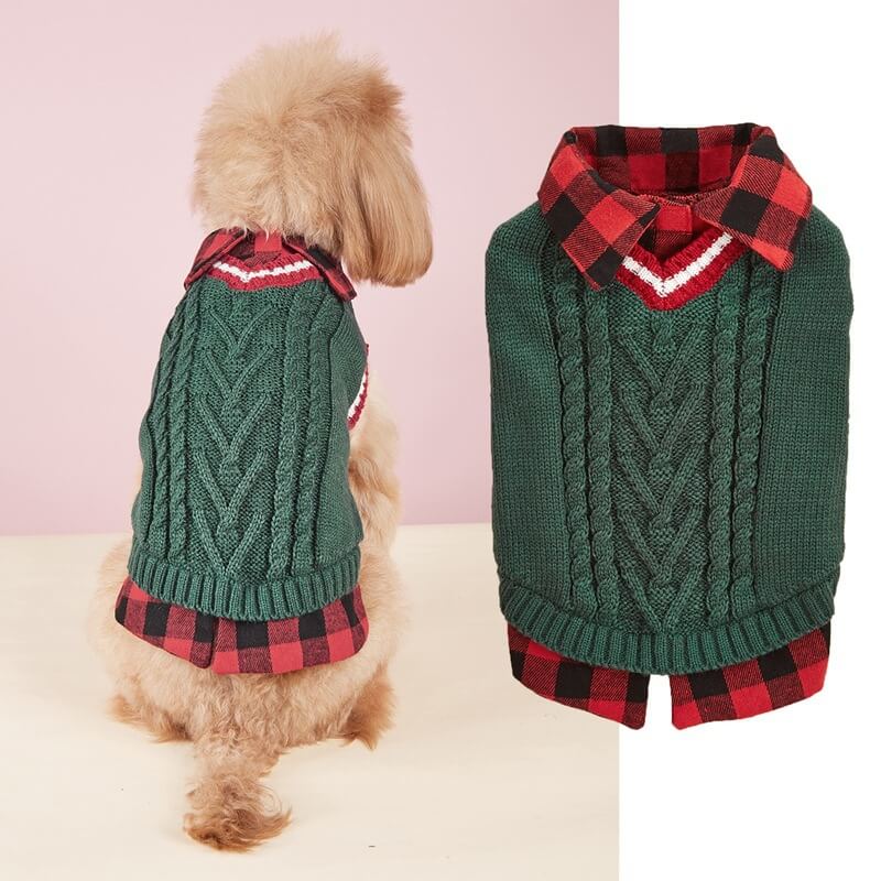 Perfetto per l'autunno e l'inverno, giubbotto con collo a quadri e lavorazione a maglia per cani.