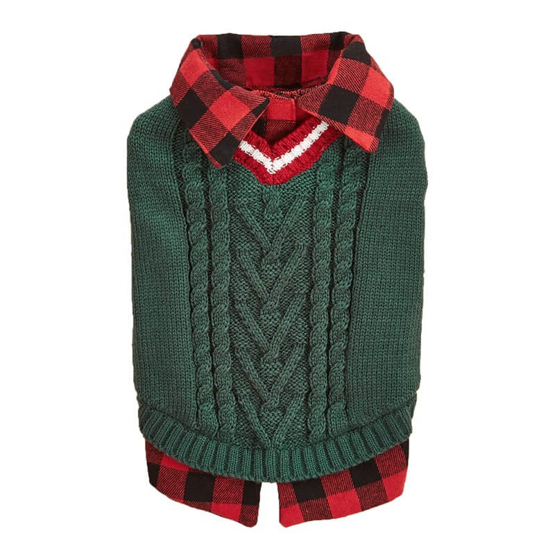 Perfetto per l'autunno e l'inverno, giubbotto con collo a quadri e lavorazione a maglia per cani.
