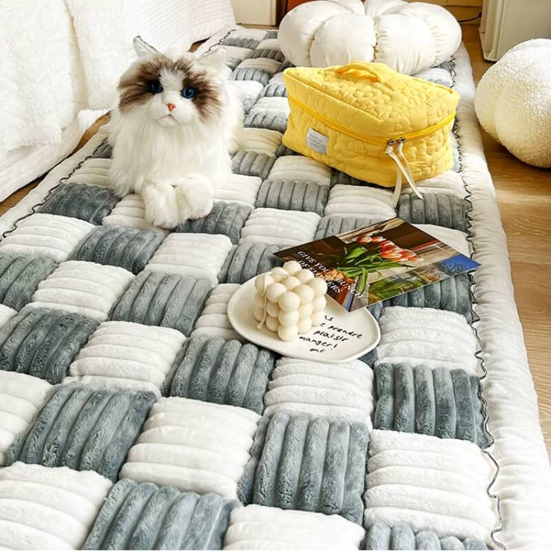 Coperta per cani in cotone peloso a forma quadrata a grandi quadri color crema