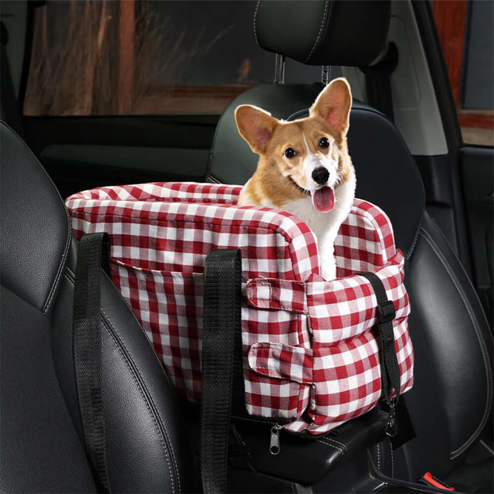 Seggiolino di sicurezza per cani da viaggio portatile in stile plaid per console centrale dell'auto