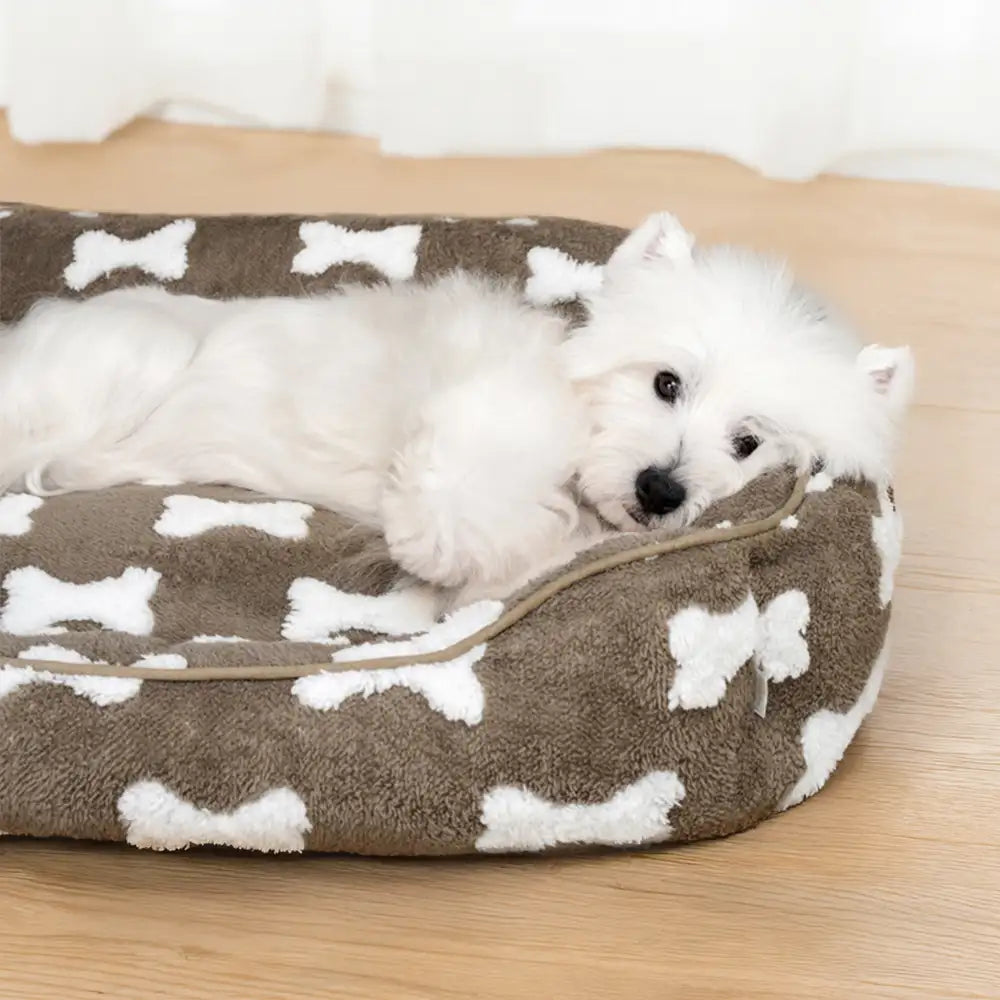 Cuscino per cani quadrato profondo in peluche con motivo ossa
