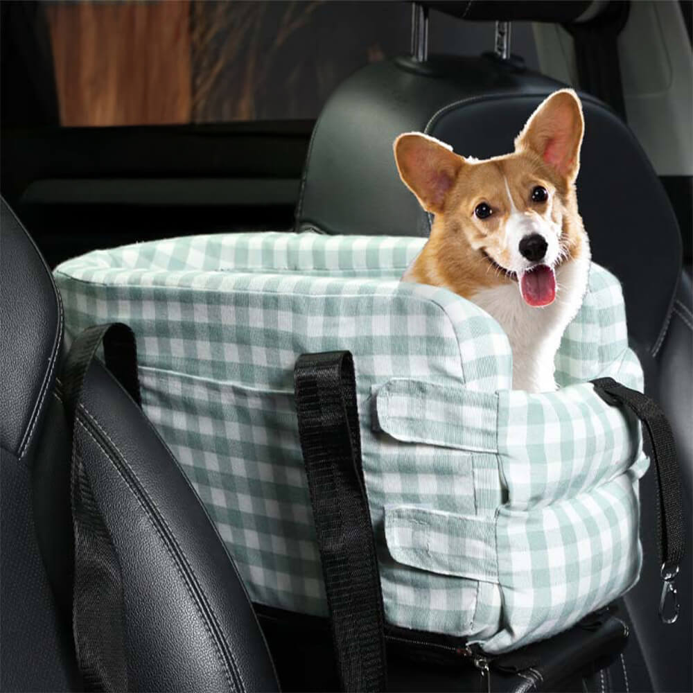 Seggiolino di sicurezza per cani da viaggio portatile in stile plaid per console centrale dell'auto
