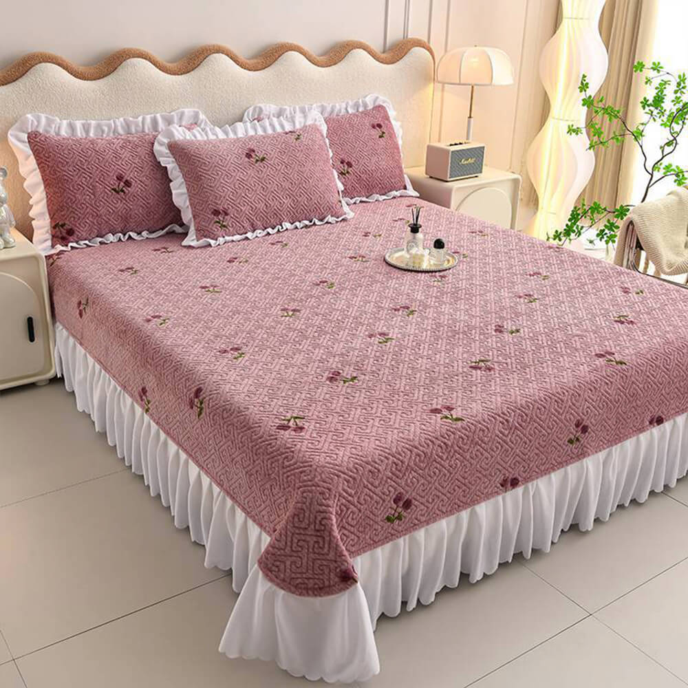 Floral Plaid Creamy Velvet Bed Sheet Set