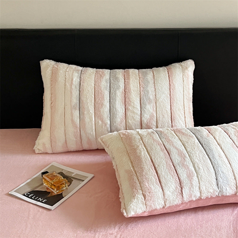 Irregular Ombre Striped Warm Thick Faux Rabbit Fur Anti-Static Bed Sheet Set