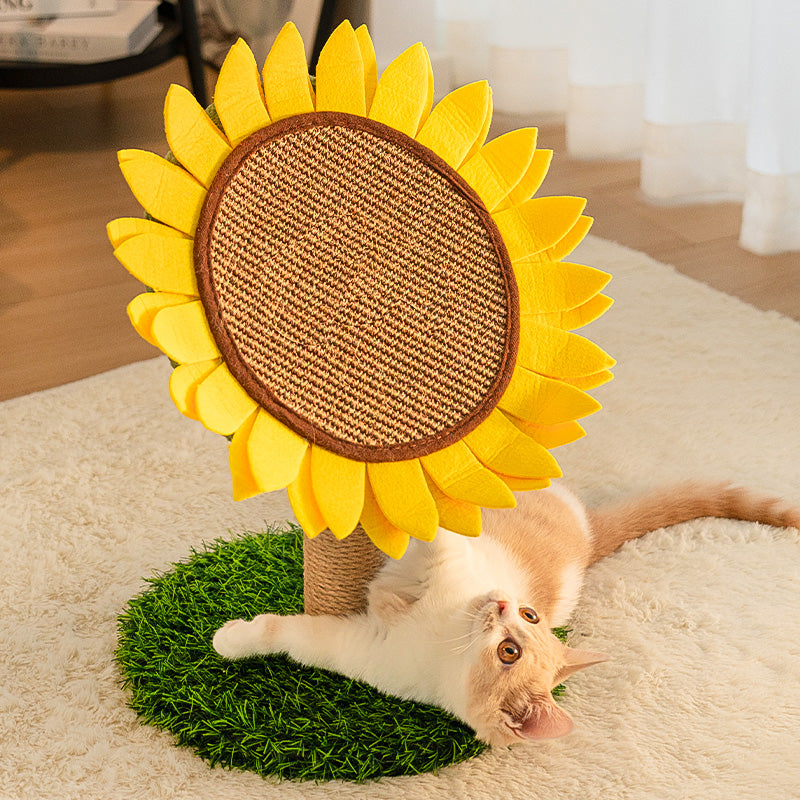 Pannello per graffiare per gatti in sisal a forma di girasole con base stabile in erba.