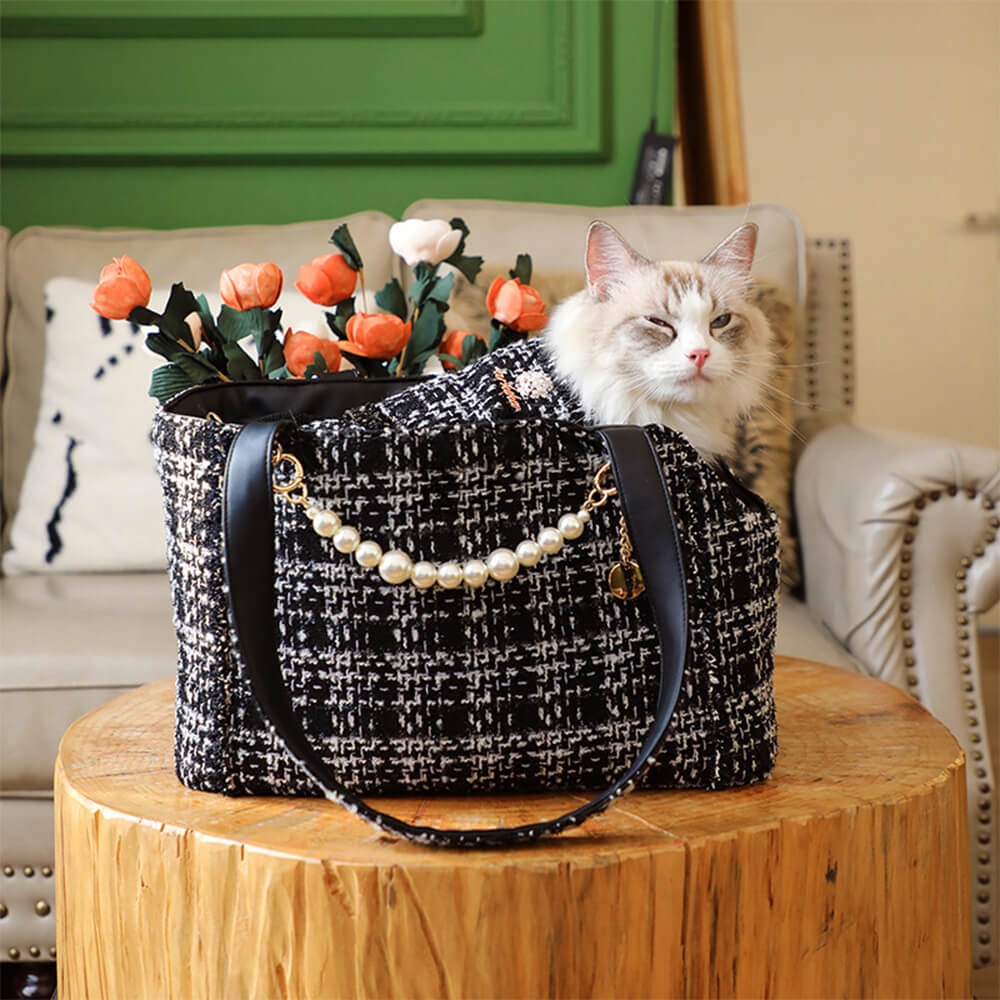 Borsa trasportino leggera in tweed di lusso a scacchi per cani e gatti