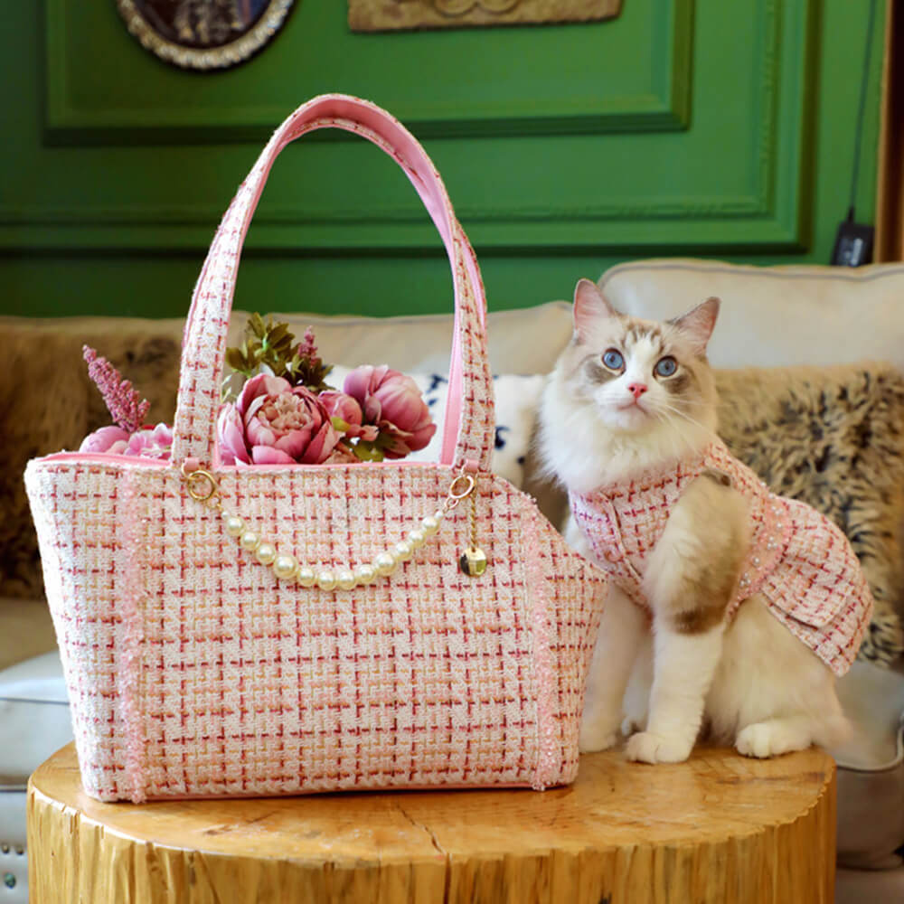 Borsa trasportino leggera in tweed di lusso a scacchi per cani e gatti
