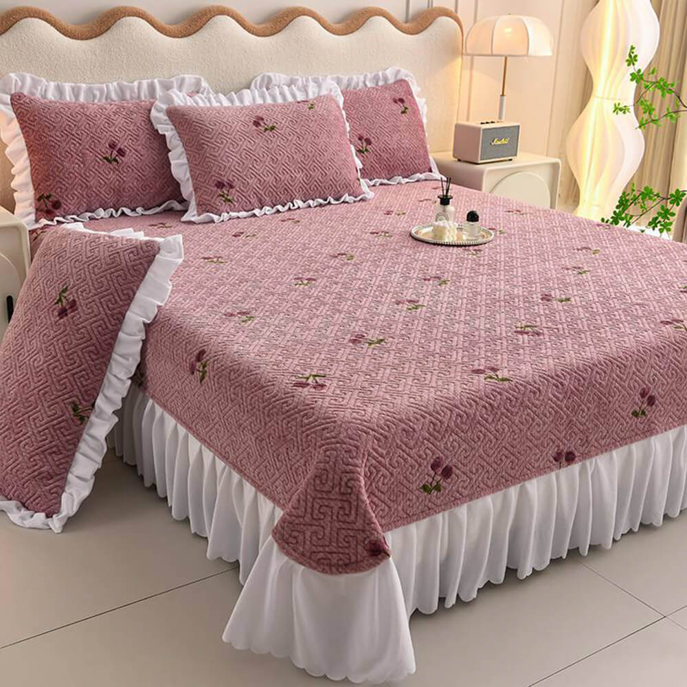 Floral Plaid Creamy Velvet Bed Sheet Set