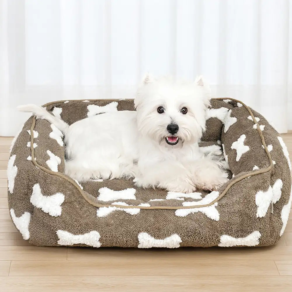Cuscino per cani quadrato profondo in peluche con motivo ossa