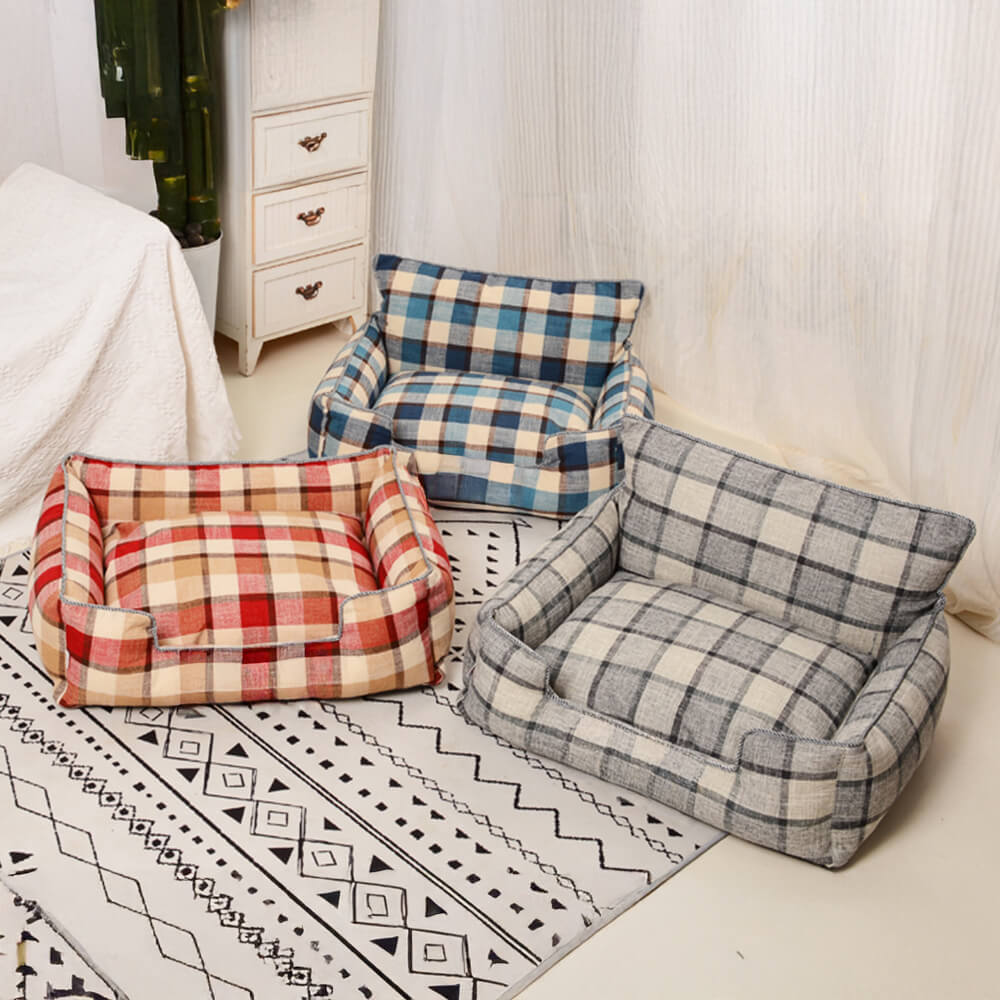 Letto per cani e gatti in plaid vintage caldo, rimovibile e lavabile, con cuscino e coperta coordinati.
