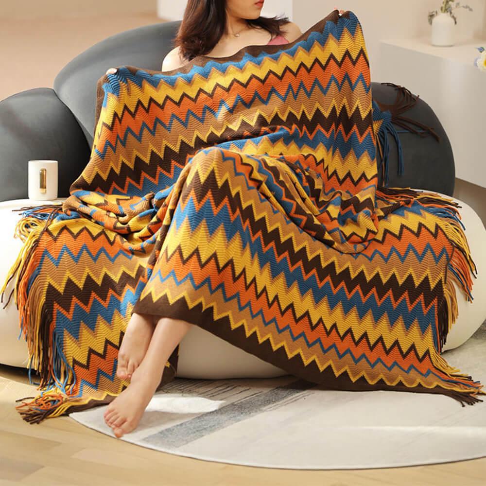 Bohemian Soft Knit Multi-Use Crochet Blanket with Tassels