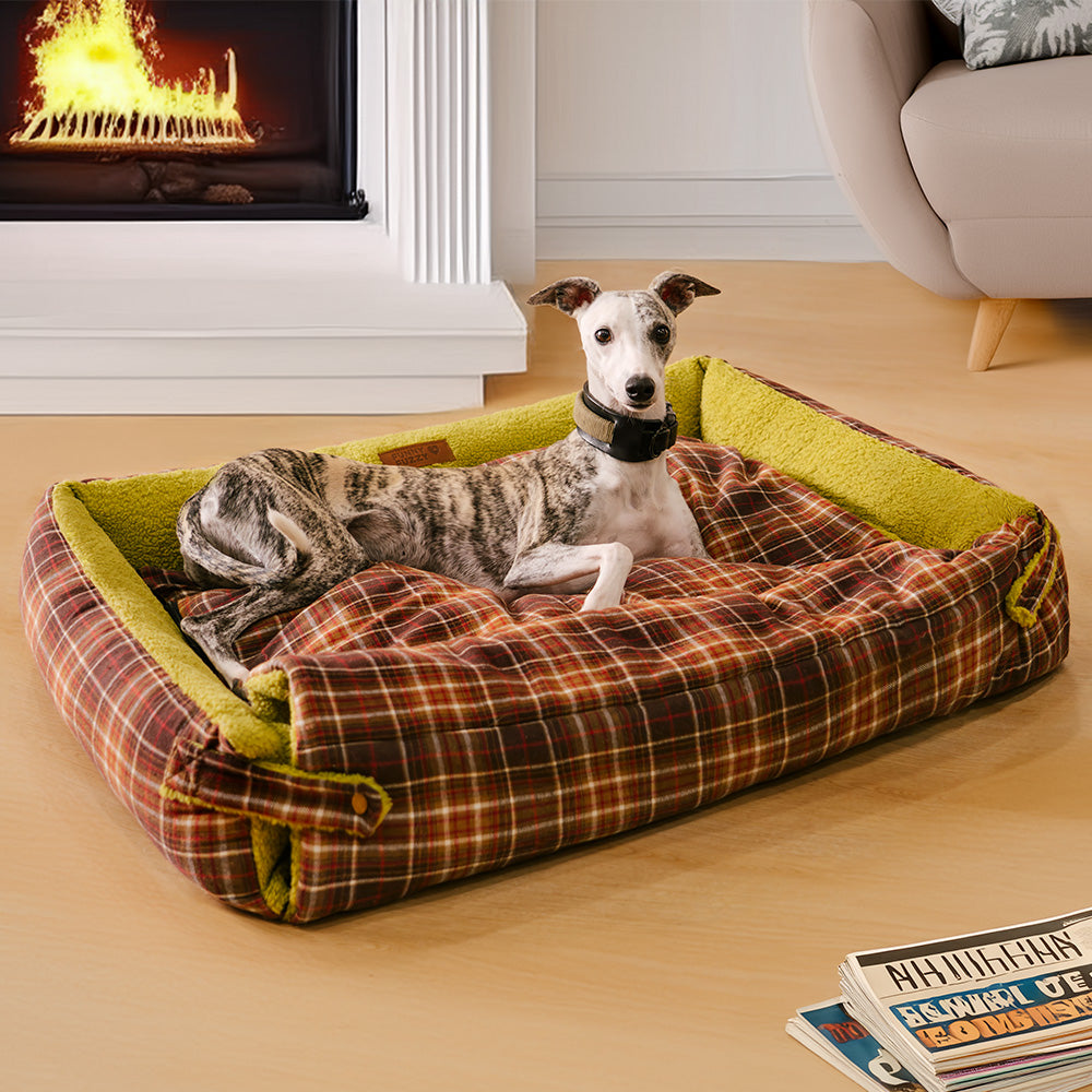 Cama plegable para perros con manta y diseño vintage de tartán lavable - Avocuddle