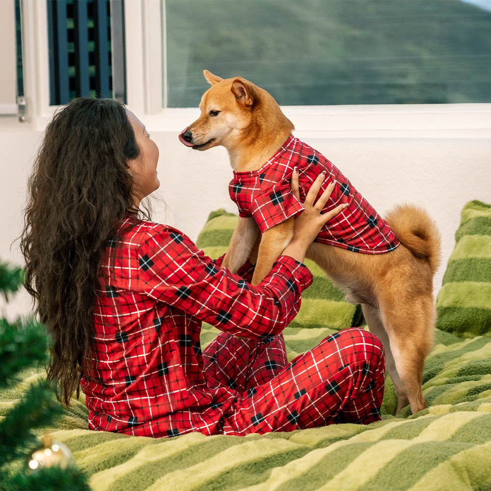 Christmas Red Checkered Full-Body Skin-Friendly Matching Pajamas for Dog and Owner