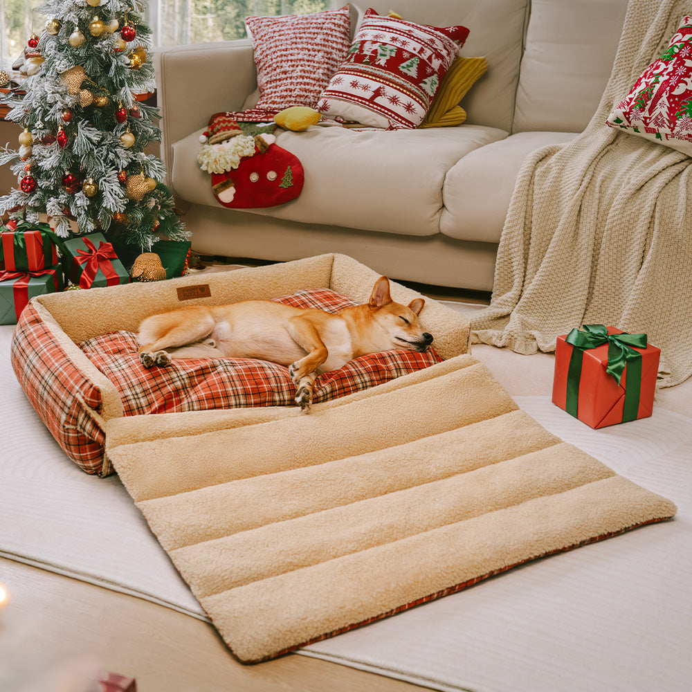 Cama plegable para perros con manta y diseño vintage de tartán lavable - Avocuddle