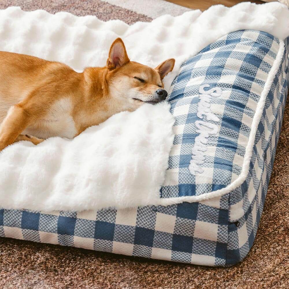 Letto per cani calmante con testiera rettangolare a quadri classici grandi - Wave da sogno