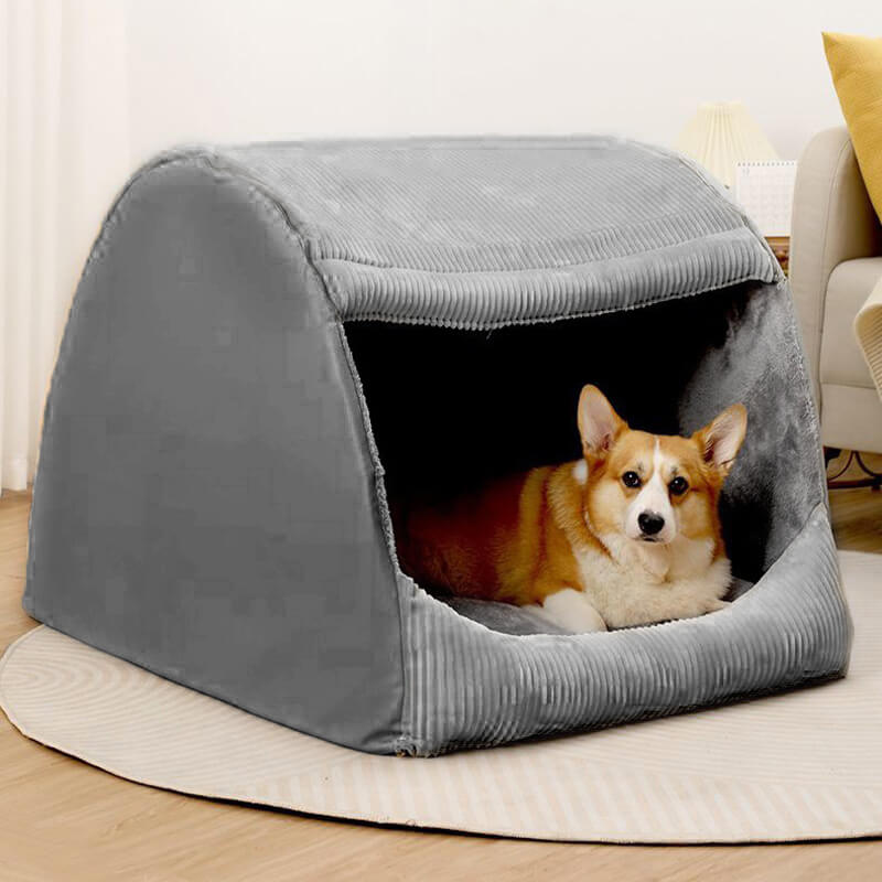 Letto per cani grande in flanella caldo, rimovibile e semi-chiuso.