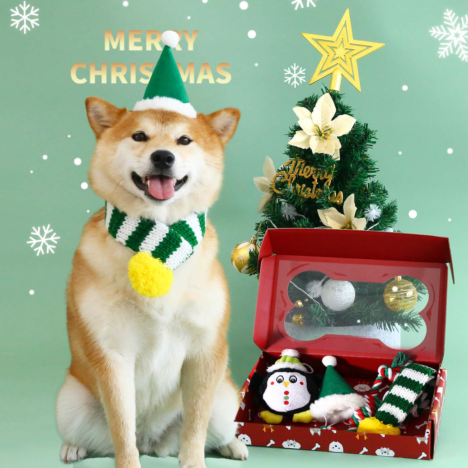 Divertente set da gioco natalizio per cagnolini con cappello, sciarpa e giocattolo
