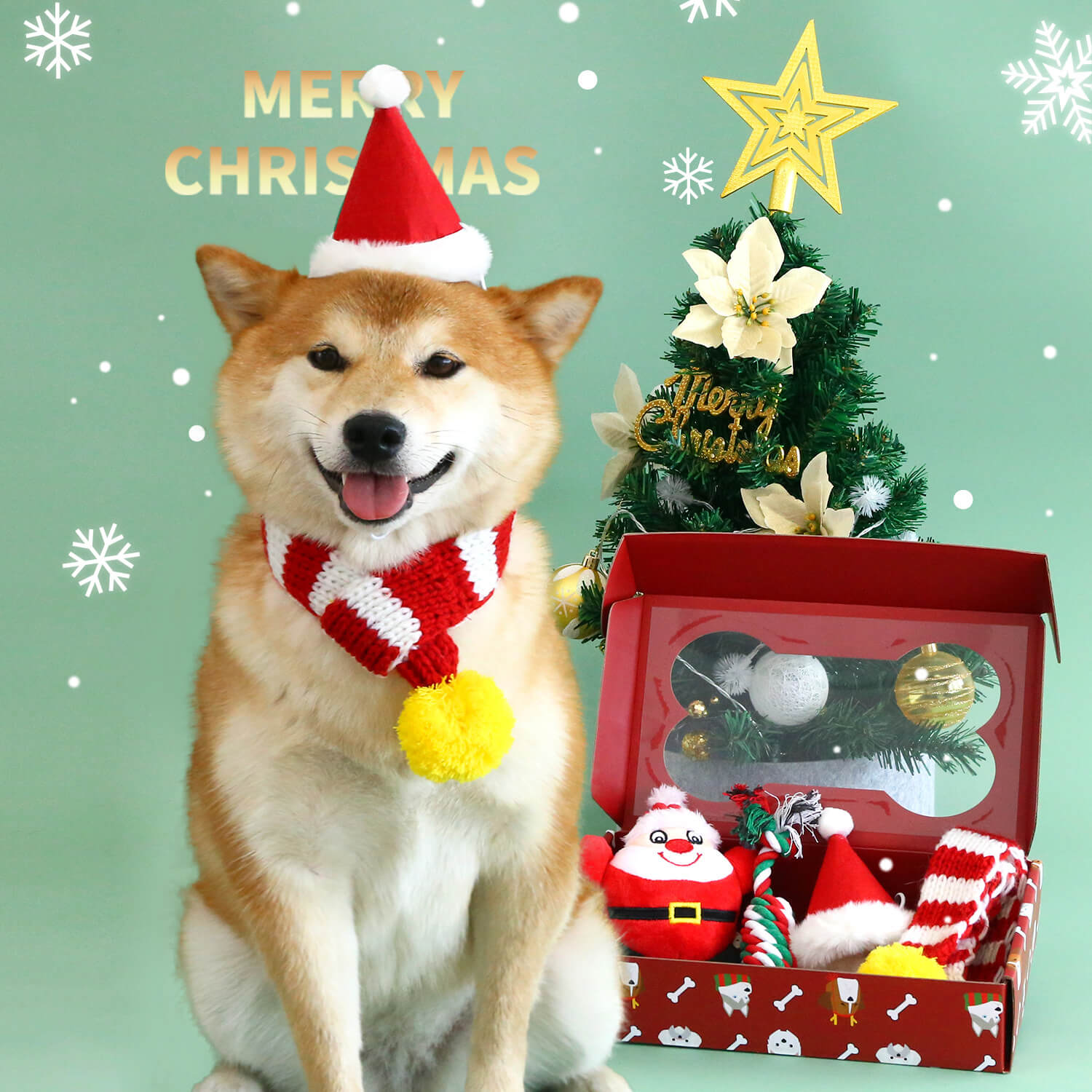 Divertente set da gioco natalizio per cagnolini con cappello, sciarpa e giocattolo