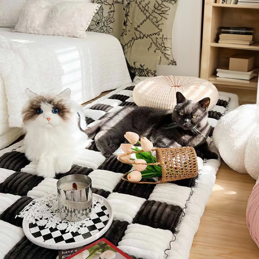 Coperta per cani in cotone peloso a forma quadrata a grandi quadri color crema