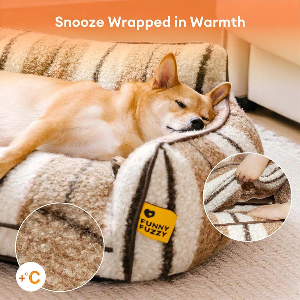 Letto per cani e gatti pieghevole lavabile in morbido tessuto caldo a strisce - MochaSnug