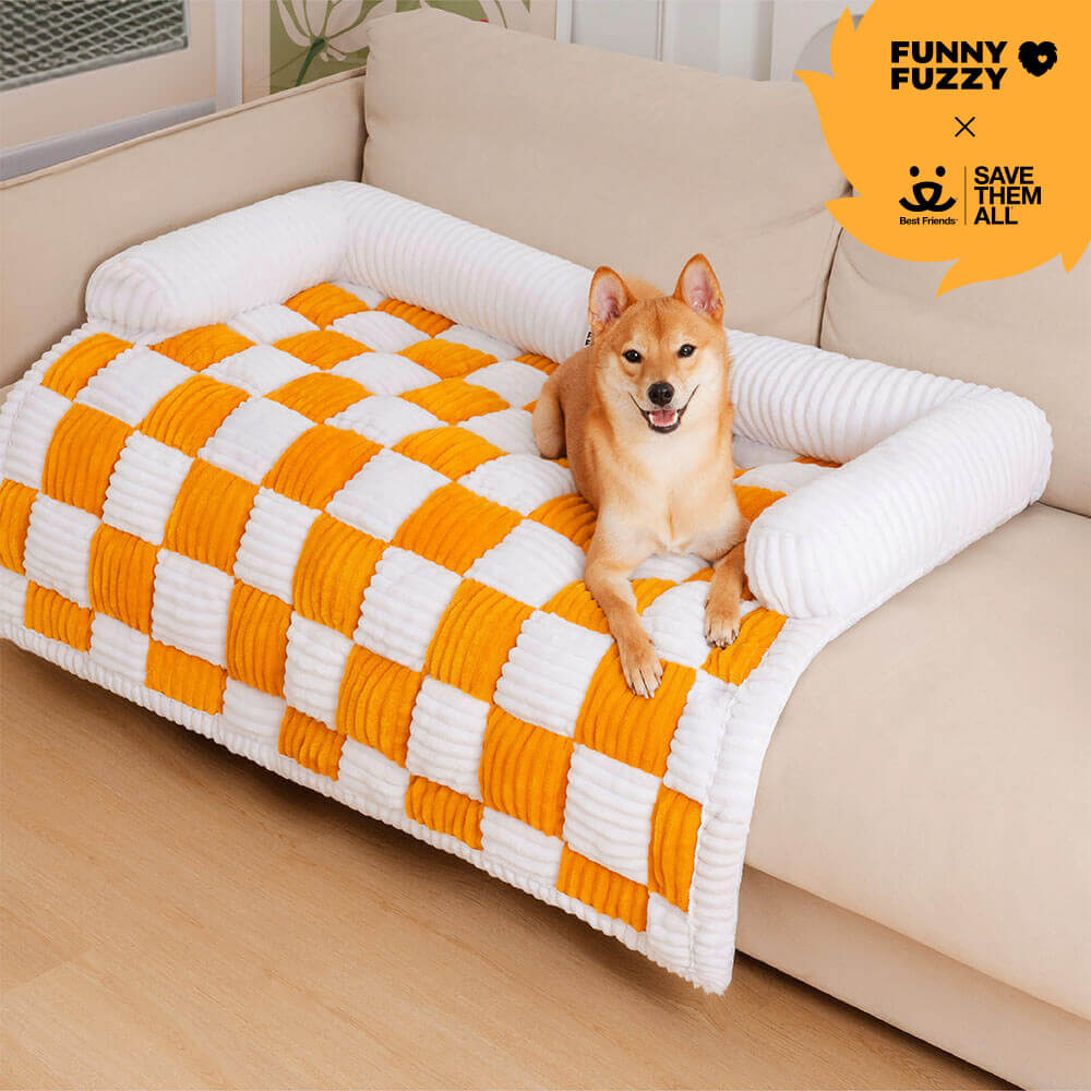 Cream Square Plaid Cozy Dog Mat Furniture Protector Cover