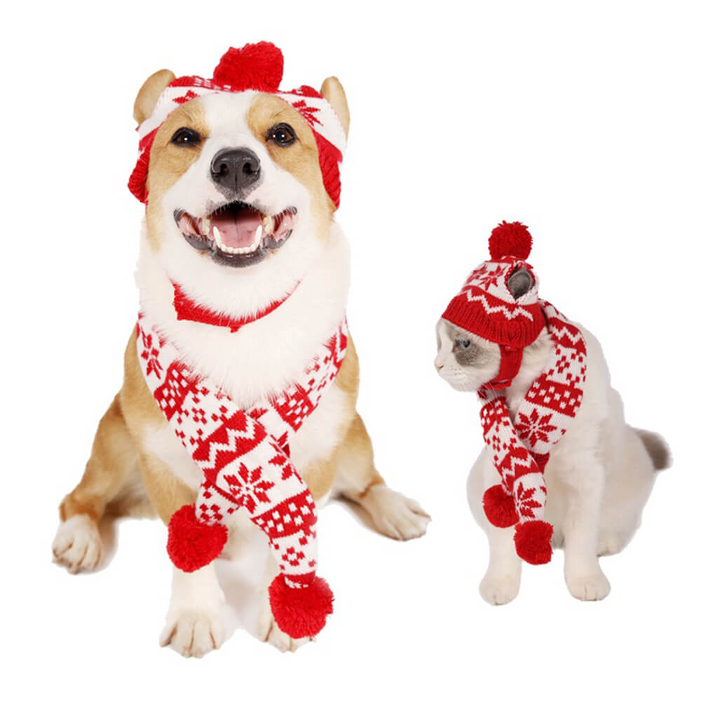 Knitted Christmas Snowflake Warm Dog Hat Scarf Set