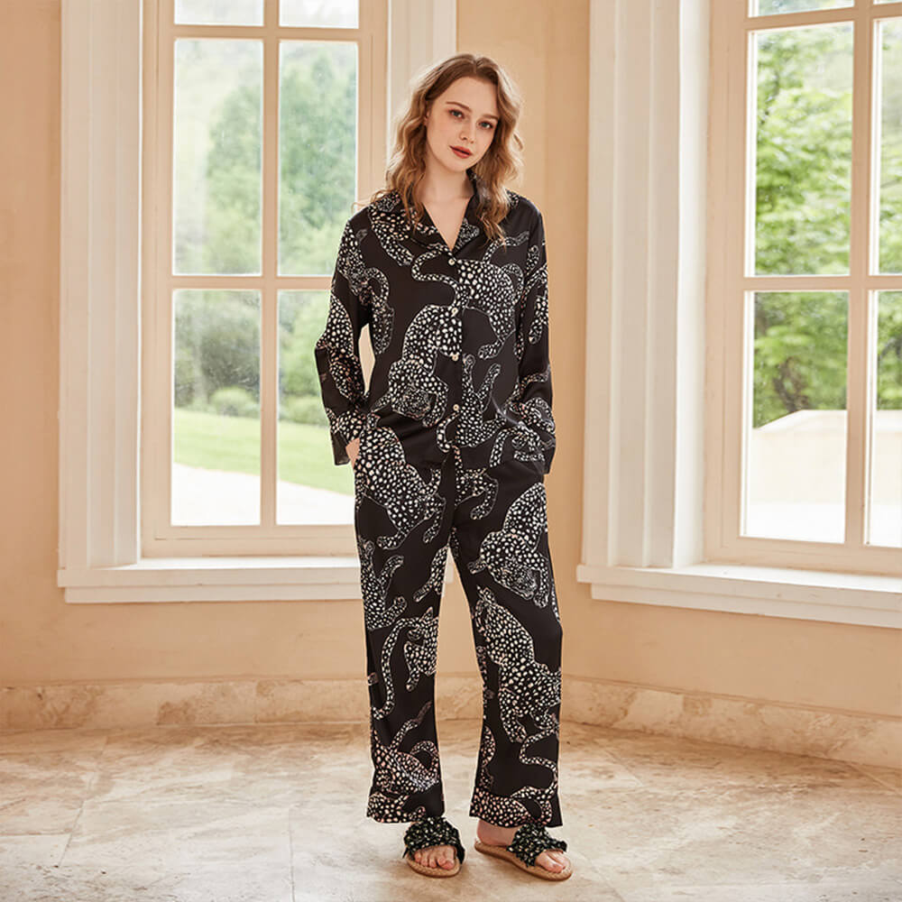 Elegant Animal Print Satin Long Sleeve Pajama Set