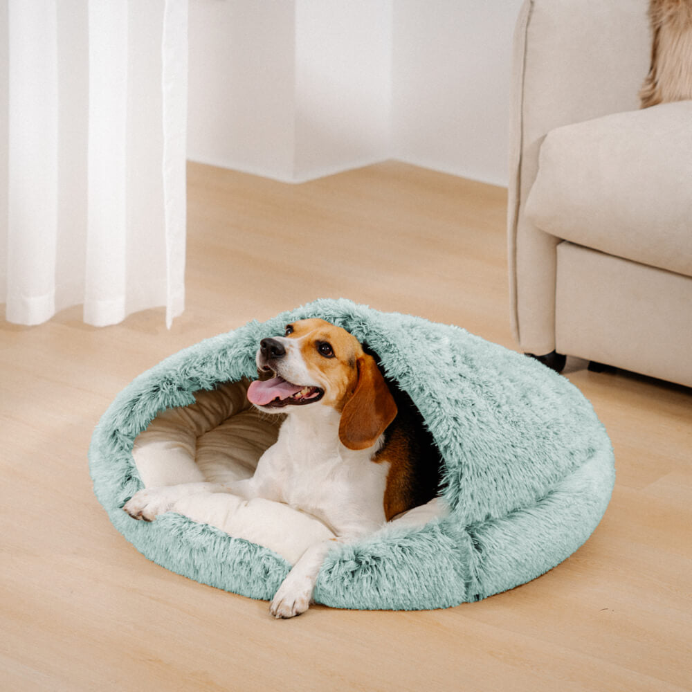 Letto Pita per cani: Nido per animali domestici semi-chiuso in morbido materiale calmante.