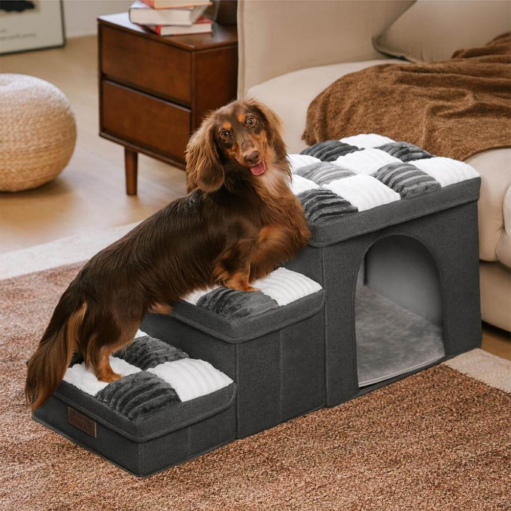 Chessboard Plaid Handcrafted Dog Stairs with Storage - Multifunctional and Foldable