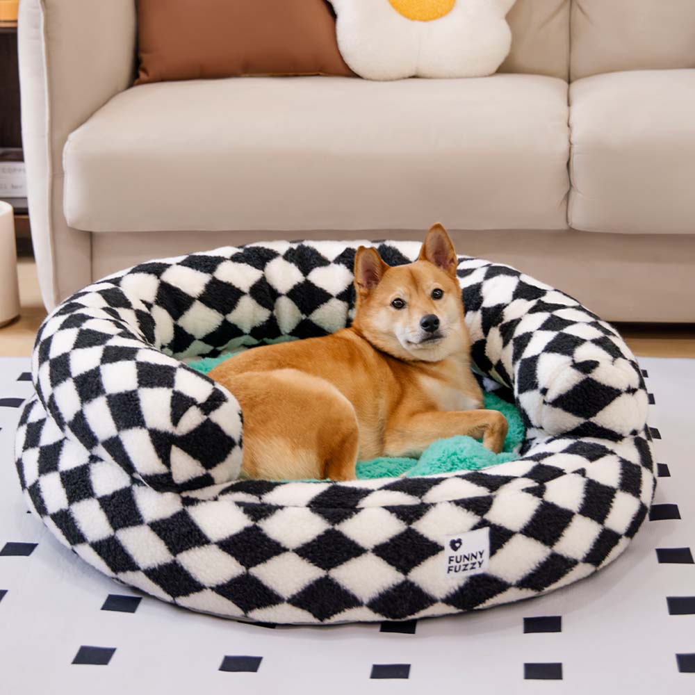 Letto per cani a forma di ciambella imbottito con motivo argyle, lavabile - Rifugio accogliente