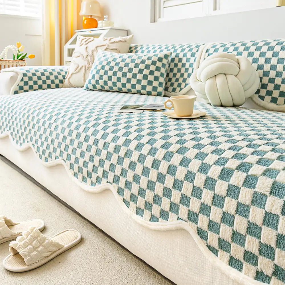 Copertura per divano in tessuto a scacchi classico, confortevole, resistente ai graffi e antiscivolo.