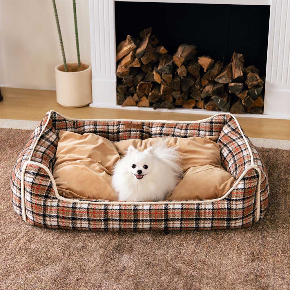 Classical Retro Plaid Removable Bolster Calming Dog Bed - Nostalgic Retreat