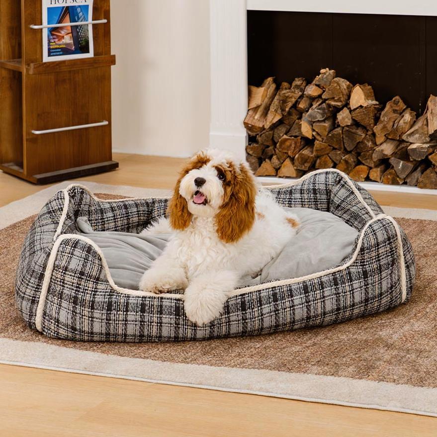Letto per cani calmante con cuscino rimovibile a motivo plaid classico retrò - Rifugio nostalgico